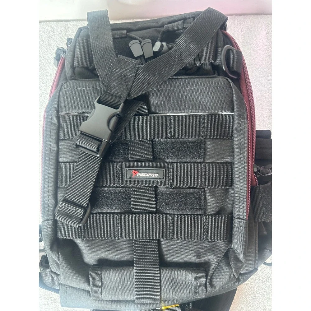 Piscifun Fishing Tackle Bag Sling Shoulder Backpack Black Burgundy Outdoor Pack